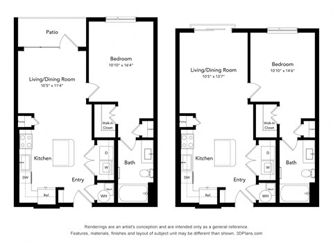 Floor plan for 1 bed, 1 bath, 686 sqft